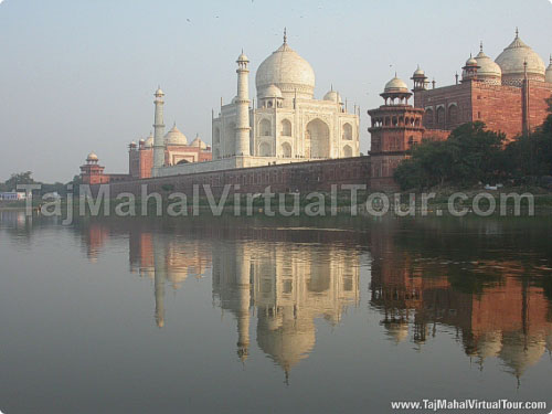 Reflection of Taj Mahal, Mosque and Jawab in river Yamuna